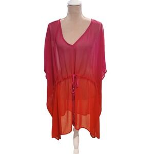 Beaches & Boho Pink Red Ombre Sheer Blouse Cover Up 3X 4X Drawstring Tassel